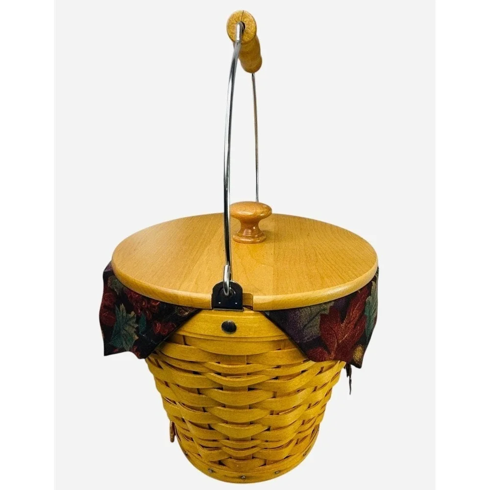 Longaberger AUTUMN PAIL Basket Protector Lid Tie-On & Falling Leaves Liner 2002
